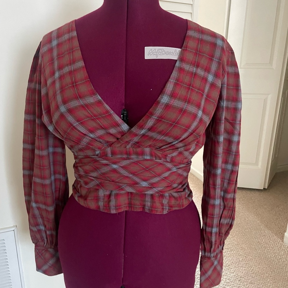 Lulu's Red and Gray Plaid Wrap Blouse